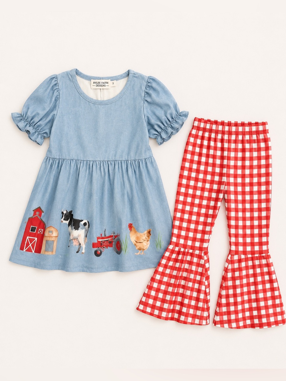 Rylee Faith Designs Girls Farm Animal Gingham Bell Bottom Outfit Size 7